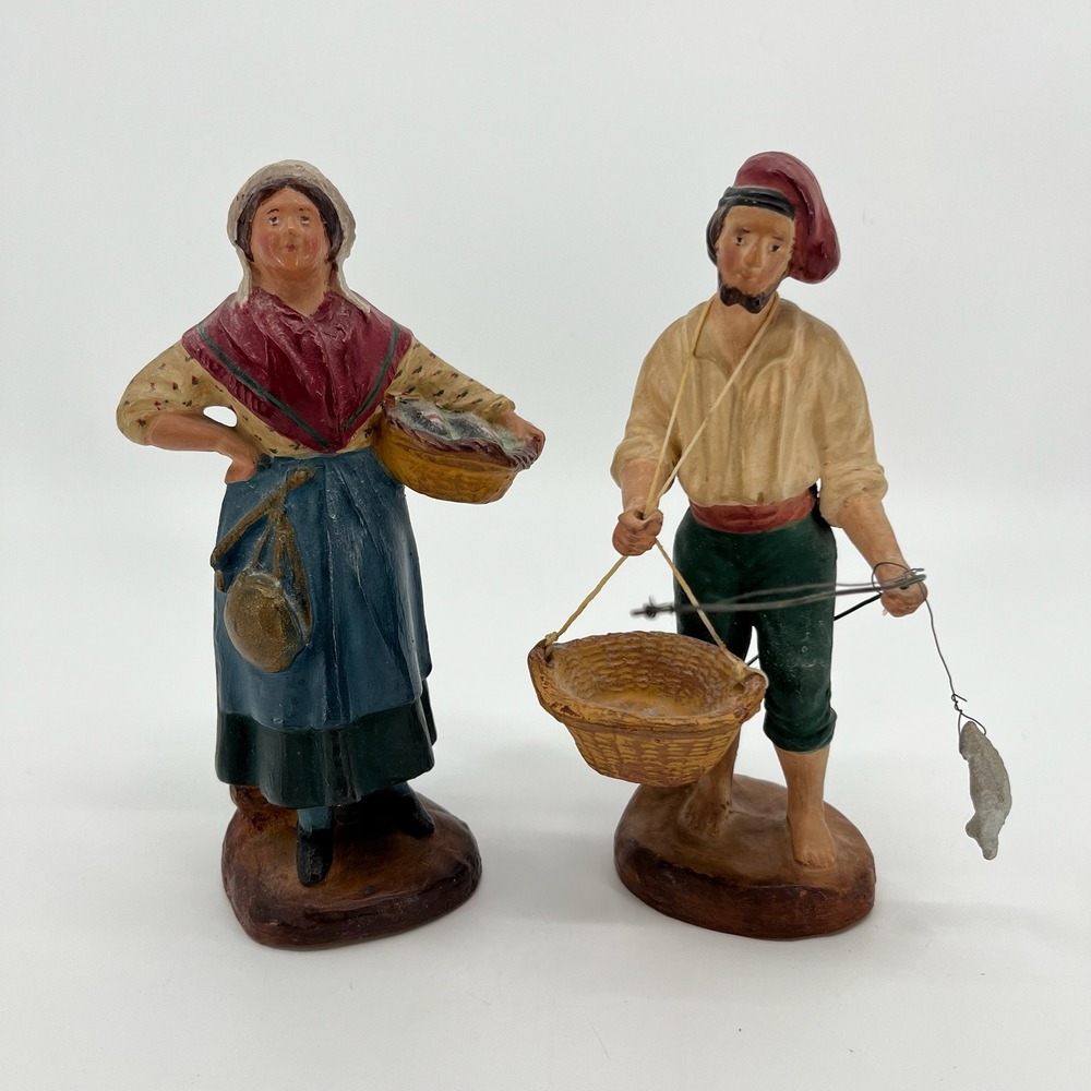Vtg Santons de Provence Clay Figures Set Fisherman Fishwife French Folk Art 6.5"